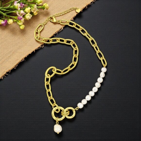 ποΈStatement Necklace Freshwater Pearls 18K Gold Plated Stainless Steel Jewelry - Picture 12 of 14